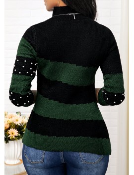 Mock Neck Bead Embellished Color Block Sweater