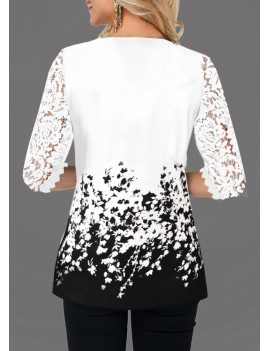 Lace Detail Floral Print Contrast Panel T Shirt