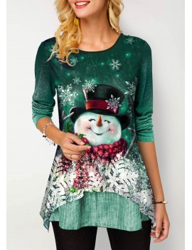 Round Neck Christmas Snowman Print Gradient T Shirt