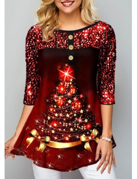 Sequin Embellished Christmas Tree Print T Shirt