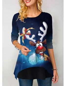 Christmas Reindeer Print Gradient Long Sleeve T Shirt