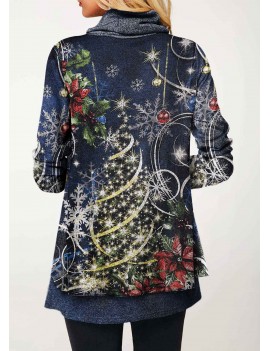 Cowl Neck Christmas Print Faux Two Piece T Shirt