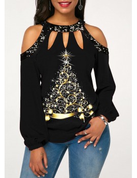 Sequin Detail Christmas Tree Print Cold Shoulder T Shirt