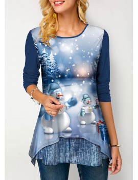 Christmas Snowman Print Layered Hem Long Sleeve T Shirt