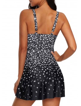 Floral Print Open Back Black Swimdress and Shorts