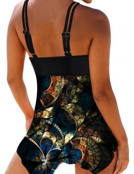 Double Strap Ring Detail Psychedelic Print Swimdress and Panty