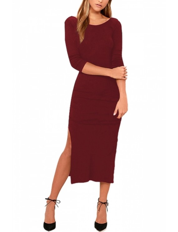 Solid Half Sleeve Midi Dress Ruby