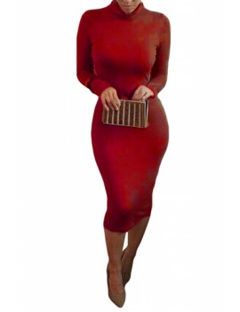 Turtleneck Bodycon Dress Long Sleeve Red