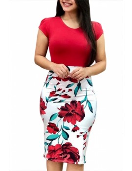 Floral Bodycon Dress Short Sleeve Red