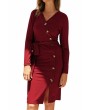 V Neck Long Sleeve Bodycon Dress With Tie Ruby
