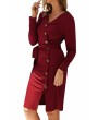 V Neck Long Sleeve Bodycon Dress With Tie Ruby