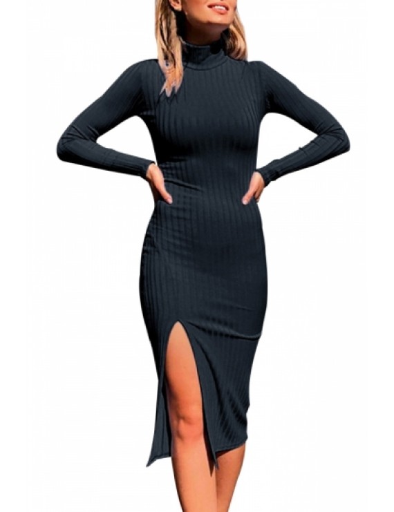 Sexy Long Sleeve Slit Turtleneck Dress Black