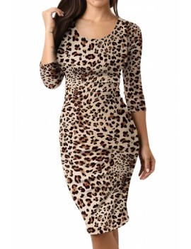 Scoop Neck Leopard Bodycon Dress Brown