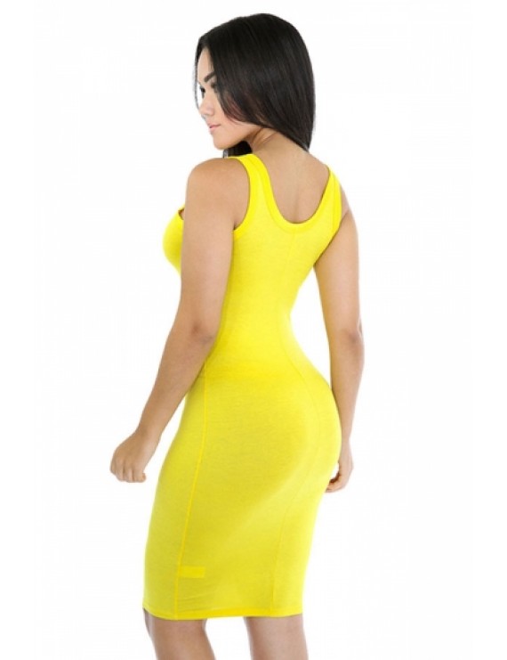 Women Scoop Neck Midi Casual Bodycon Tank Dress Yellow