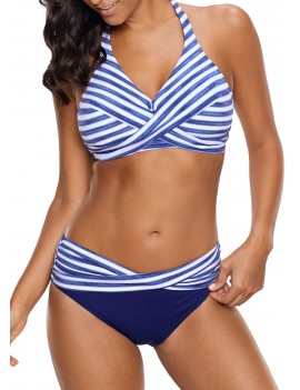 Twist Front Striped Halter Blue Bikini Set