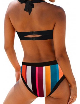 Halter Neck Printed Color Block Bikini Set