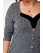 Long Sleeve Grey Marl Button Detail Plus Size T Shirt