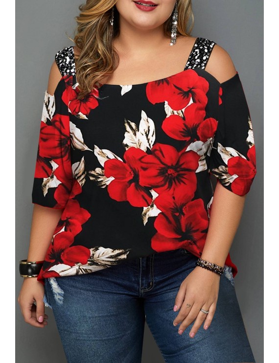 Plus Size Sequin Panel Floral Print T Shirt