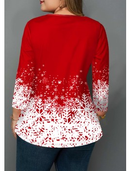 Plus Size Christmas Snowflake Print Crinkle Chest Blouse