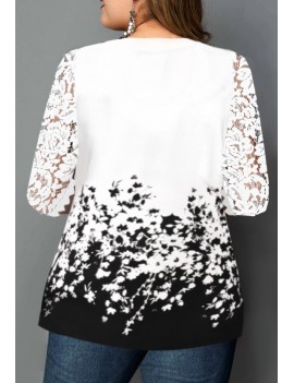 Plus Size Floral Print Lace Panel T Shirt