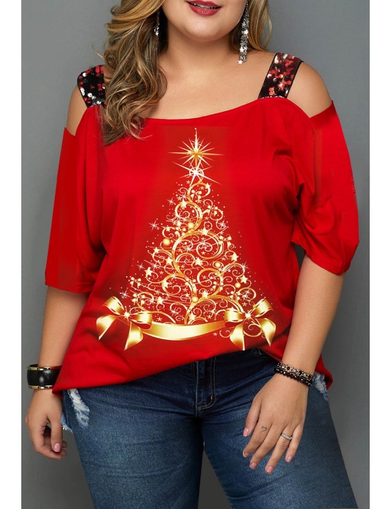 Plus Size Christmas Print Ladder Cutout T Shirt