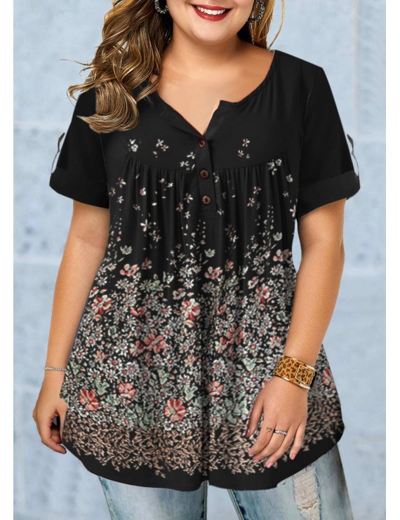 Plus Size Floral Print Roll Tab Sleeve Blouse