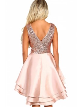 V Neck Sequined High Low Multi Layer Evening Dress Pink