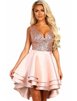 V Neck Sequined High Low Multi Layer Evening Dress Pink