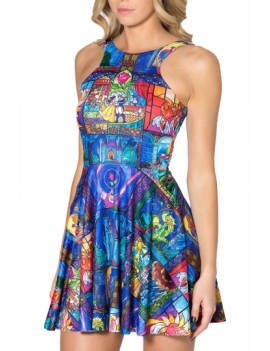 Blue Cute Ladies Beauty and the Beast Printed Apron Skater Dress